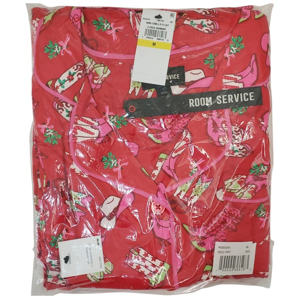 Room Service Pajama Set Medium Holiday Festive Rodeo Red Print Top & Pants NWT👢